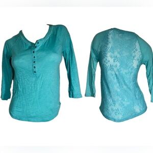 Aeropostale Henley Lightweight Teal Lace See Thru Panel‎ Back Knit Tee Top Sz S